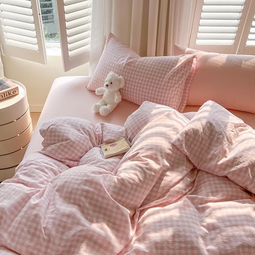 Michorinee Bettwäsche 135x200 Rosa Kariert Landhausstil Bettbezug Set 2 Teilig Rosa Weiß Karo Geometrische Muster Mikrofaser Weich Renforcé Bettwäsche-Sets mit Reißverschluss und Kissenbezüge 80x80 cm