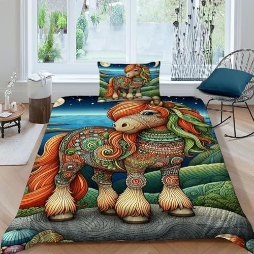 HOGDISAJD Night Pferd Bettbezug Set Graffiti Tiere 3D Drucken Bettwäsche Dekorativ Kissenbezug 1tlg Weiche Mikrofaser Jungen Und Mädchen Bettwäsche Set Single?135x200cm?