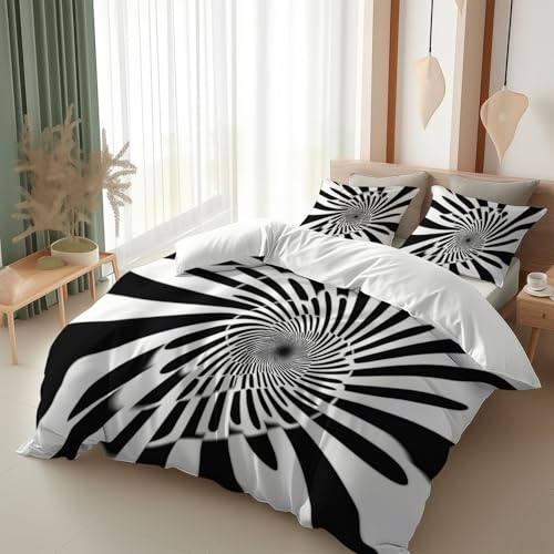 Srigzcaly Optische Täuschung mit Spirallinien Bettwäsche 135 x 200 cm Wendebettwäsche - Weiß Bettbezug mit Reißverschluss - Weiche Mikrofaser Deckenbezug 3 Teilig mit 2 Kissenbezug 80x80