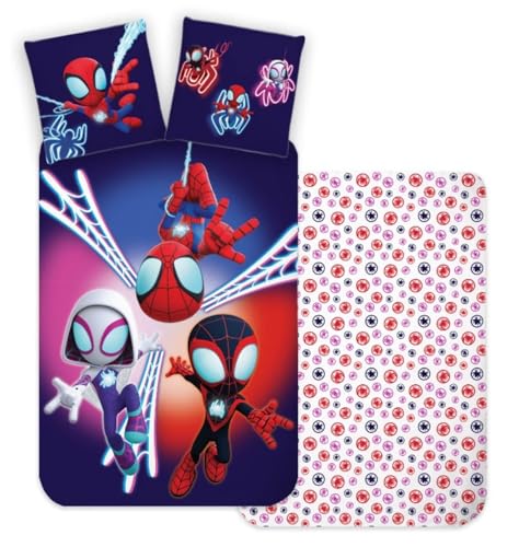 BrandMac Spidey Wende Bettwäsche Set 135x200 und 80x80 cm aus 100% Baumwolle · Kinderbettwäsche für Mädchen und Jungen. Tolles Motiv Spidey und Seine Super-Freunde
