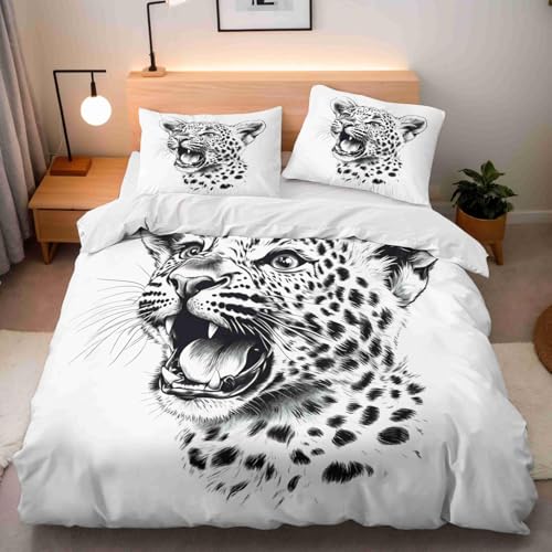 NDXRWDZR Bettwäsche 135x200 WeißEr Leopard Bettwäsche-Set mit Reißverschluss Schließung für Kinder Weicher Atmungsaktive Mikrofaser Bettbezug + 2 Kopfkissenbezug 80x80 cm