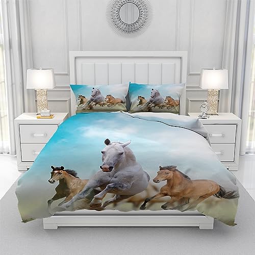 Leleyouzer 3D Pferd Bettwäsche Set 135 x 200 cm,Pferd Muster Gedruckt Bettbezug Set von 3,Mikrofaser Bettbezug Set für Kinder Jungen Zimmer Dekoration
