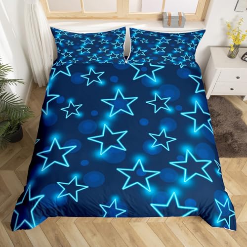 Loussiesd Blaue Sterne Muster Bettwäsche Set 155x220cm Moderne Geometrische Muster Fünf-Punkt Stern Bettbezug Set Jungen Mädchen Einfache Bettwäsche-Set Mikrofaser mit 2-Kissenbezug, Nicht glühend