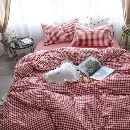 mixinni Bettwäsche-Set mit rotem Gingham-Muster, kariert, 3-teilig, 1 rotes Gittermuster mit 2 Kissenbezügen, für alle Jahreszeiten, weich, flauschig, modernes Gittermuster, Bedruckt, King-Size-Größe
