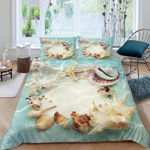 Seester Mit Muschel 3 Teilig Bettwäsche-Sets 155x220 Meer-Thema Bettwäsche 3D Drucken Weiche Komfortabel Microfaser Bettbezug mit Reißverschluss mit 2 Kissenbezüge 80x80 1005-C