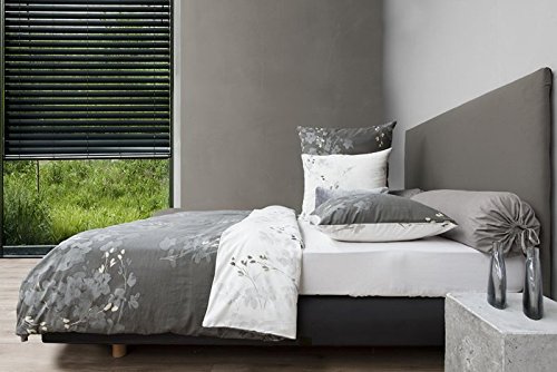 Heckett & Lane Mako Satin Wendebettwäsche Porana I Größe 155x220 cm I Farbe Grau Weiß Design Ranken Floral
