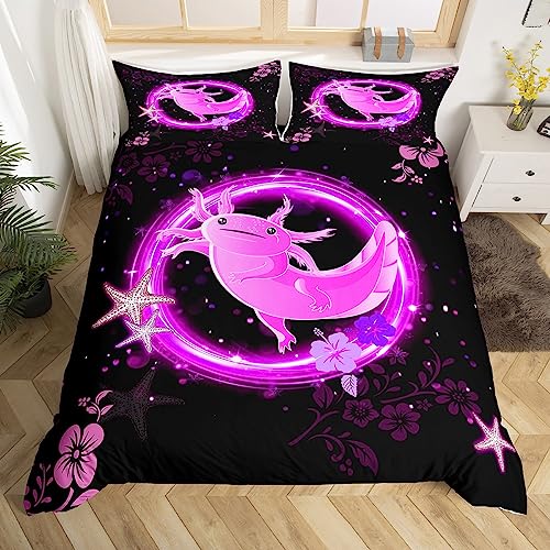 Cartoon Axolotl Bettbezug Set S Größe Ozeansterne Tiere Bettwäsche Set Kinder Mädchen Jungen Frauen Zimmer Dekor Blumen Blätter Tröster Abdeckung Fantasy Lila Rosa Schwarz Quilt Cover,1 Kissenbezug