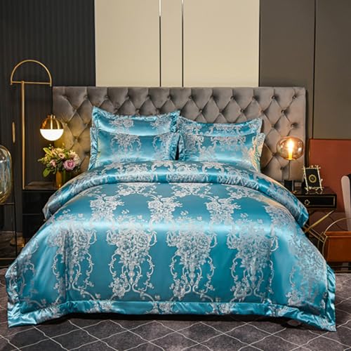 Tospass Bettwäsche 155x220cm kühlend Blau Satin Bettwäsche-Sets Jacquard Stickerei Aesthetic Bettwäsche ÖKO-TEX Deckenbezug 1 Bettbezug mit Reißverschluss und 1 Kissenbezug 80x80cm