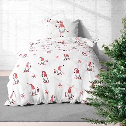 MTOnlinehandel Wichtel Biber Bettwäsche 135x200 + 80x80 cm – Weihnachten Design, 100% Baumwolle, Öko-Tex Zertifiziert, Reißverschluss – kuschelig & warm Winter Bettwäsche für Kinder & Erwachsene