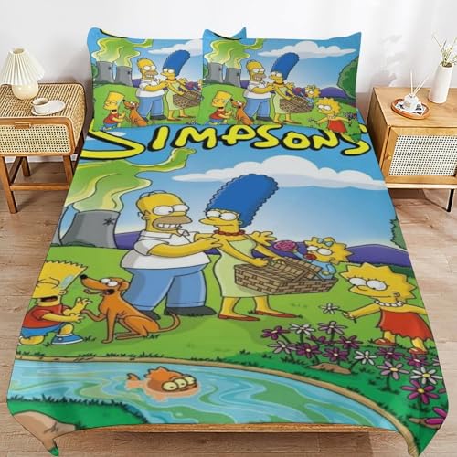 YINGD The Simpsons Bettwäsche-Set, Mikrofaser, 3D-Druck, leicht, 3-teiliges Bettdecken-Set für Kinder, Jungen, Mädchen