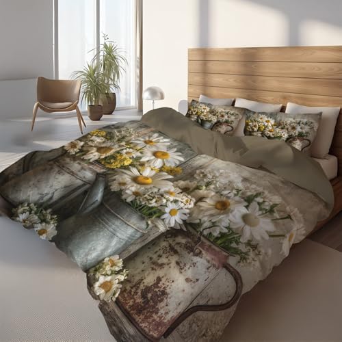 Generisch Rustikal Bettwäsche Set 200 x 200 cm, Khaki Bettbezug für Kinder Jugendliche und Erwachsene, Floral Dosen Landhaus Weich Flauschige Atmungsaktiv Mikrofaser Deckenbezug