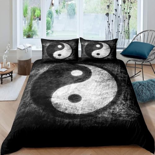 Bettwäsche 200x200 Yin-Yang-Thema, 3D Bettbezug Schwarz Und Weiß, Weiche Mikrofaser Bettwäsche Set + 2 Kissenbezug 80x80 cm mit Reißverschluss C-D2069