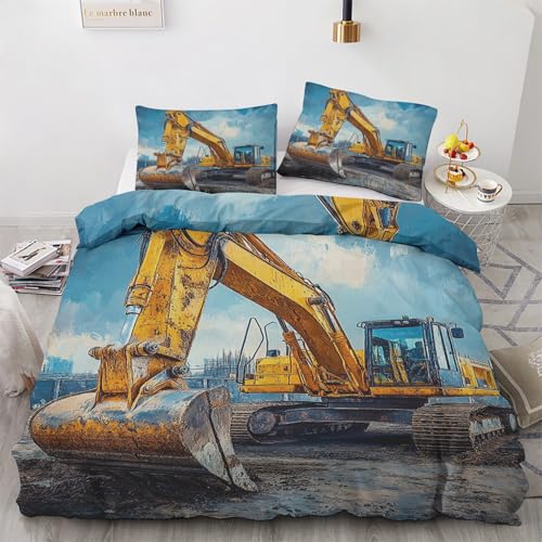 Generisch Bagger Bettwäsche 135x200 Maschinerie Baufahrzeug Bettbezug Weich Bügelfrei Wendebettwäsche Bettwäsche-Set 2 Teilig Deckenbezug mit Reißverschluss 1 Kissenbezug