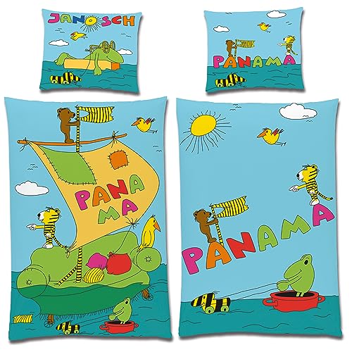 Janosch Kinder-Bettwäsche Panama Tigerente 135 cm x 200 cm + 80 cm x 80 cm 100% Baumwolle Renforcé-Linon-Qualität Wendebettwäsche 2 Motive Reißverschluss Kleiner Bär Tiger Günter Kastenfrosch