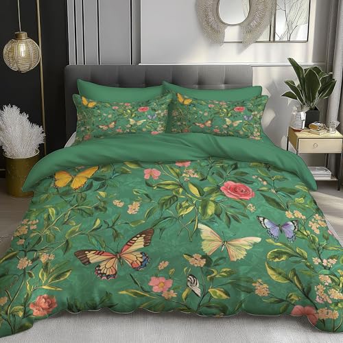 DACRWEKZ Bettwäsche200×200 cm 3teilig - Bettwäsche smaragdgrün 1Bettbezüge + 2 Kissenbezüge 80X80 cm, Aesthetic Bettwäsche-Set mit Reißverschluss, Luxuriöser und eleganter zarter Schmetterling