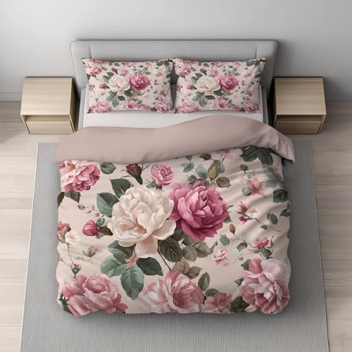 Generisch Bettwäsche Sets, Wendebettwäsche Bedding, Ultraweich Hochwertiger Mikrofaser, Stoff Hautfreundlich, mit Unsichtbarem Reißverschluss Einzelbett 135 x 200 cm Rosa Floral Vintage Rose