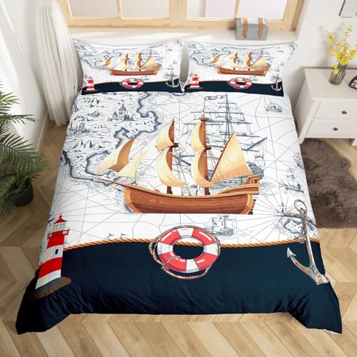 Loussiesd Nautische Bettbezug Set Anker Bettwäsche Set 135x200cm für Kinder Segelboot Gedruckt Frauen Männer Bettwäsche Ultra Weiche Mikrofaser Meer Abenteuer Karte Dekor Betten Set