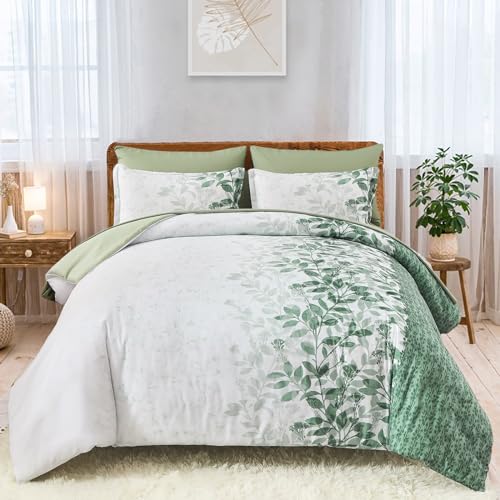 Grünes Bettbezug-Set für King-Size-Bett, wendbar, leicht, botanische Blätter, 3-teilig, mit Reißverschluss, Kingsize, 220 x 230 cm