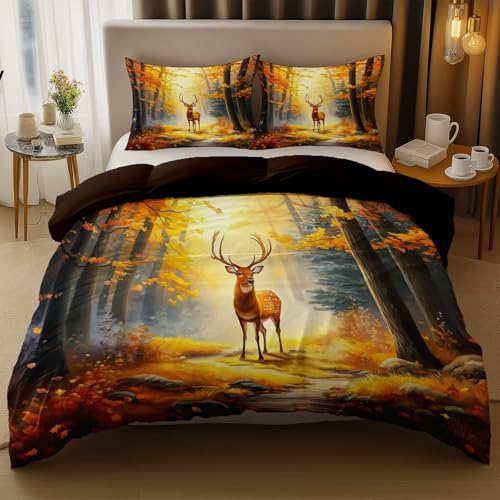 Bettwäsche 240 x 220 cm Natur Hirsche Und Wald Set 3 Teilig Mikrofaser Bettbezug Atmungsaktiv Langlebig Dunkelbraun Bettwäsche Reißverschluss Und 2 Kissenbezug 50x75cm