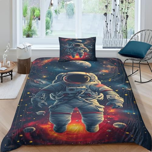 VesFy Kunst-Astronaut Bettwäsche Set Kinder 3D Astronautenanzug Bettbezug 2 Teilig Mikrofaser Bettdecke Decken Und Kissenbezug Für Jungen Mädchen Schlafzimmer Atmungsaktiv Weiche Single?135x200cm?