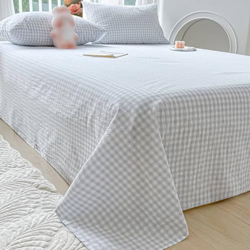 Bishilin Bettlaken 160x230 ohne Gummizug, Leintuch Baumwolle Hellblau mit Muster Kariert Bettwäsche Laken für Bett (1 Stück, ohne Kissenbezüge)
