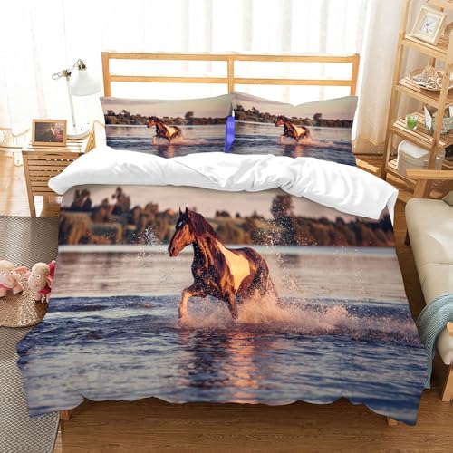 MYAUEYSU Bettwäsche Set 100% Baumwolle ist,Galoppierendes Pferd auf dem Wasser,und allem auch für Personen mit Hautsensibilisierung empfohlen 152x203cm