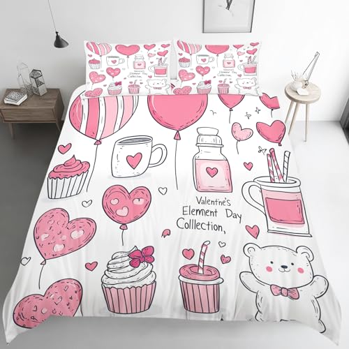 ZyxMehtic Herzen Bettwäsche 135x200 2teilig, Teddybär Bettwäsche Set 135x200cm, Valentine's Day Winter Weich Mikrofaser 1 Wende Bettbezüge 135x200 mit 1 Kissenbezug 80x80cm und Reißverschluss