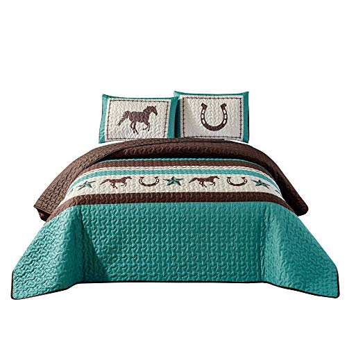 WPM World Products Bettwäsche-Set JENA, Design: Westernhütte, Blaugrün/Beige/Braun, Hufeisen, Pferd, Barb Draht, Cowboy-Druck, 3-teilig Südwest Queen Blaugrün, Braun, Beige