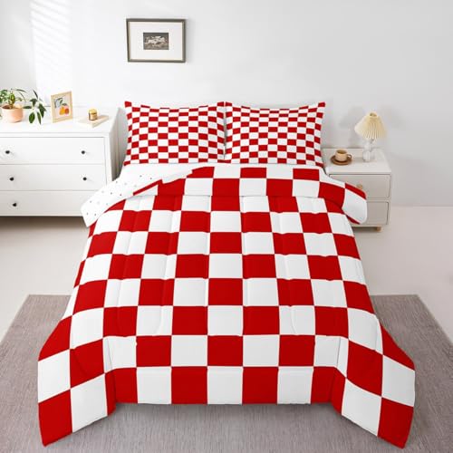 Feelyou Kariertes Retro-Bettwäsche-Set für Teenager, Damen, Herren, rot-weiß, kariert, volle Größe, Kinder, Jungen, Mädchen, geometrisches Vintage-Bettwäscheeinsat z, modern, schlicht, groovig