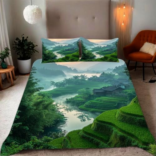 YARUHAN Bettwäsche 135x200cm?Orientalische Tranquility Terrassen 3D Motive Bettbezüge 3 Teilig Mit Verdecktem ReißVerschluss Und 2 KissenbezüGe Sind 50x75cm Atmungsaktive Angenehme Bettbezug#YR6