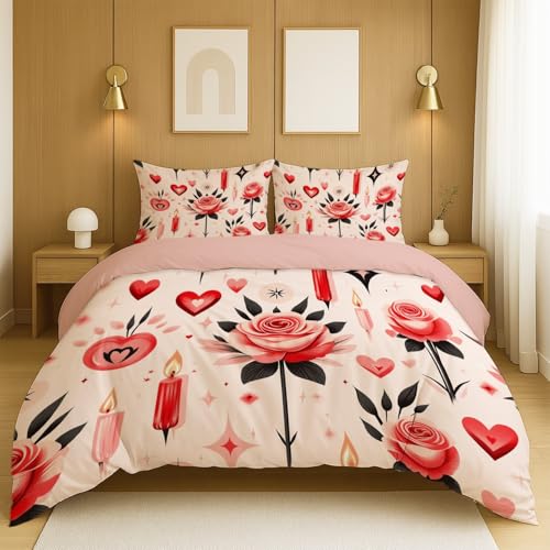 Bettbezug mit Reißverschluss Rosa Rot Bettwäsche-Sets Elegant Rose Herz Kerze Kuschelige Bettwäsche Für Jugendliche Kinder Schlafzimmer Duvet Cover H 135 x B 200cm