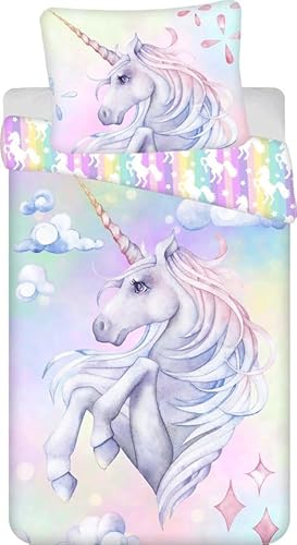 Jerry Fabrics Sweet Home Wende-Bettwäsche Einhorn Baumwolle Einzelbett 140 x 200 cm und Kissenbezug 70 x 90 cm Pastell Regenbogen