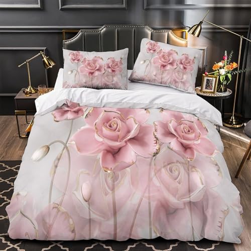 VOXYTMLWG Pink Roses Hautfreundlich 3D-gedrucktes Elegant Blütenmuster Bettbezug Bettwäsche 3 Stück mit Reißverschluss Bequem for Erwachsene,Kinder,Männer ,Fans Single?135x200cm?
