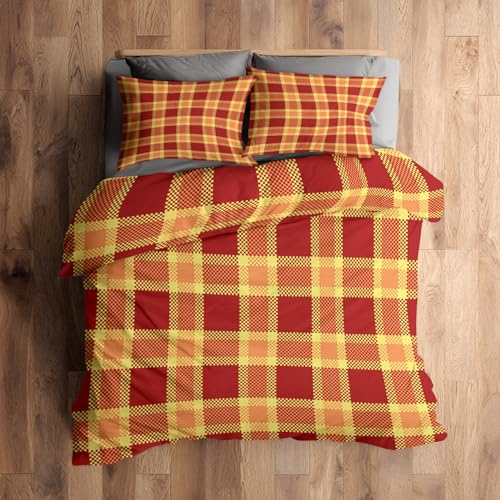 Generisch 200x200 Bettwäsche Karomuster Bettbezug - 3tlg, 2 Kissenbezug 80x80, Orange Rot Kariert Muster, Schlafzimmer Deko, Weiche Mikrofaser Wendebettwäsche mit Reißverschluss - N/0731