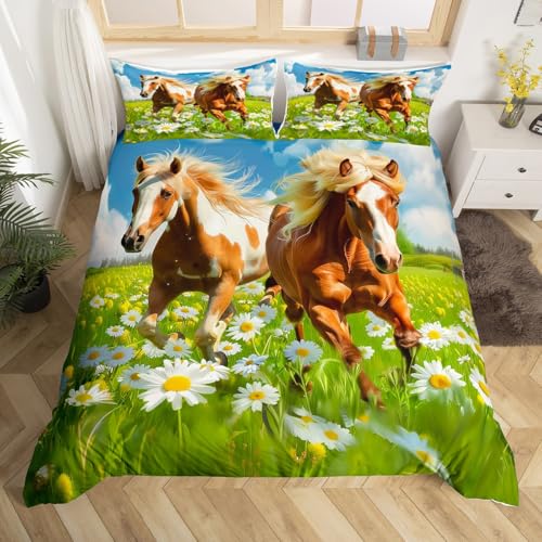 Loussiesd Pferd Bettbezug Set Gras und Gänseblümchen Muster Bettwäsche Set 220x240cm Grün 3D Tiere Druck Bettwäscheset Teens Jungen Betten Set mit 2 Kissenbezüge und Reißverschluss