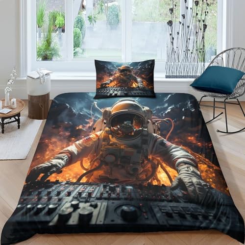 CRJUS dj Astronaut Kinder Bettwäsche Print Mikrofaser Bettbezug Mit Kopfkissenbezug, Jungen Teens Kosmos Bettwäsche Set Kinder Erwachsene, Weich Haltbar Atmungsaktive Single?135x200cm?