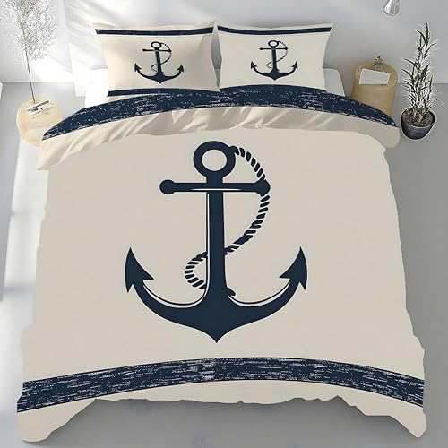 PNHCL Schiffsanker Bettbezug 220x240 Maritim Bettwäsche Set 2 Kissenbezüge 80x80 Nautisch Weich Bügelfrei Bettbezüge für Jungen Mädchen Teenager L&467