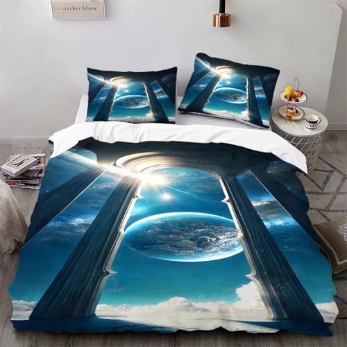 FUHAOLI Bettwäsche 135x200cm Römische Säulen und EarthBettbezüge 80×80 cm Kissenbezügen Mikrofaser Bettbezug,3teilig?3D-Digi taldruck Bettbezug?mit Reißverschluss?135×200 * 1+80×80 * 2?