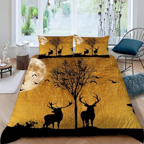 Hirsch Bettwäsche 155x220 Kinder Bettwäsche-Set 3D Orientalischer Stil Weiche Mikrofaser Bettbezug Kunstwerke Bettbezüge mit Reißverschluss und 2 Kissenbezüge 80x80 cm E.531