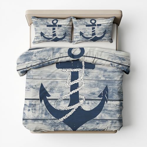NIYAKA Sommer Bettwäsche 155x220 Anker, Maritim Bettbezug 155 x 220 3er Set, Mikrofaser Wendebettwäsche mit Kissenbezug 80x80 cm, Bettwäsche-Sets mit Reißverschluss