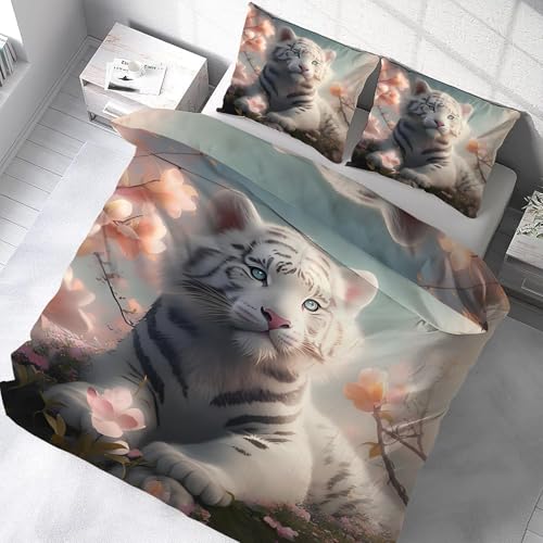 YZQGLHP Bettwäsche 200x200 Weißer Tiger Bettbezug Set für Kinder Jungen Mädchen Weich Atmungsaktiv Microfaser Betten Set mit Reißverschluss und 2 Kissenbezug 80x80 cm