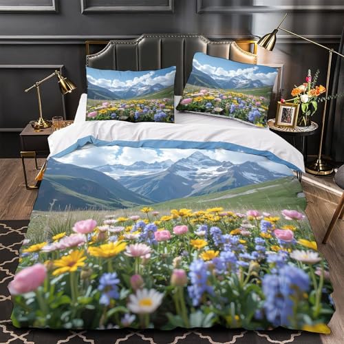 RJAVAGFZL Bergblumenfeld 3D-Bedruckt 3er-Set Kuschelbezug NatureScenicStyle Steppbezug Mikrofaser Hypoallergen Reißverschluss für Jungen Mädchen Erwachsene Single (135x200cm)