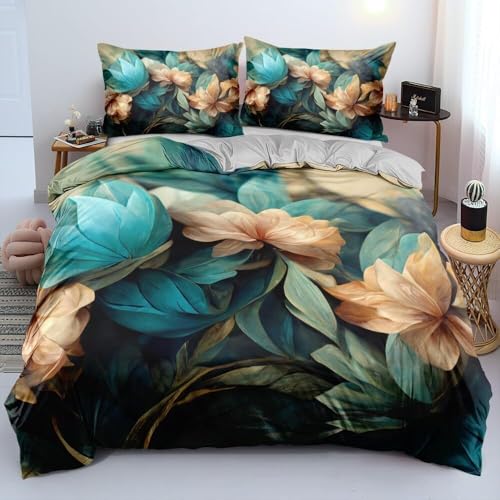 Luofanfei Blumen Bettwäsche 135x200 Blau Petrol Grau Vintage Blüten Sommer 3D Geblümt Floral Pflanzen Muster Bettwäsche Set Blumenmuster Microfaser Bettbezug Einzelbett Set und Kissenbezug 80x80cm