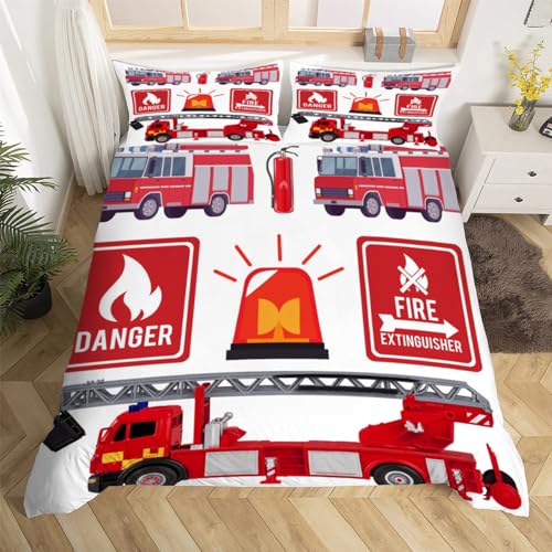 Feuerwehr Thema Bettwäsche Set 200x200 cm Weiche Mikrofaser Feuerwehr Bettwäsche-Set mit Reißverschluss 3 Teilig Bettbezug Set mit 2 Kissenbezug 80x80 cm