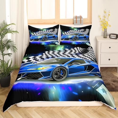Homemissing Blau Rennauto Bettwäsche Set Schwarz Weiß Lattice Bettwäsche 135x200cm für Kinder Jungs Mädchen Zimmer Dekor Sportwagen Bettbezug Set Modern Auto Bettdeckenbezug 2Stück Reißverschluss