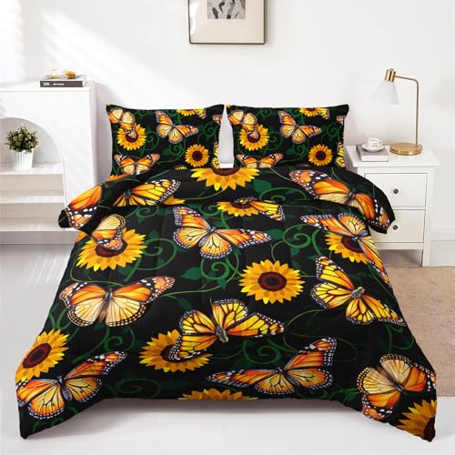 3-teiliges Bettwäsche-Set mit Schmetterlings-Sonnenblum en, Frühlingsgarten-Bettwäs che-Set für Mädchen und Erwachsene, Schlafzimmer- oder Raumdekoration, Ganzjahresdecke, Mikrofaser-Steppdecke mit 2