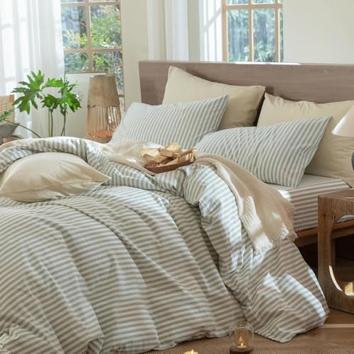 Lanqinglv Bettwäsche 200x220 Baumwolle Gestreift Grün Weiß,100% Renforce Baumwolle Bettwäsche Set mit Reißverschluss,ÖKO-TEX Bettwäsche für Allergiker Geeignet,1 Bettbezug & 2 Kissenbezug 80x80 cm