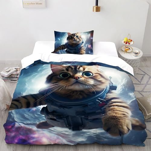 AutumnWinds Katze Bettwäsche-Sets 2 Teilig Für Jungen Und Mädchen 3D Druck Animal Printed Weiche Mikrofaser Und Kissenbezug Mit Reißverschluss Single?135x200cm?
