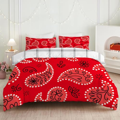 dyausi Paisley Muster Bettwäsche 135x200 Rot Weiß, Vintage Boho Bettbezug 2 teilig, Blumen Kariert Wendebettwäsche Microfaser, Deckenbezug mit Reißverschluss und 1 Kissenbezug C60
