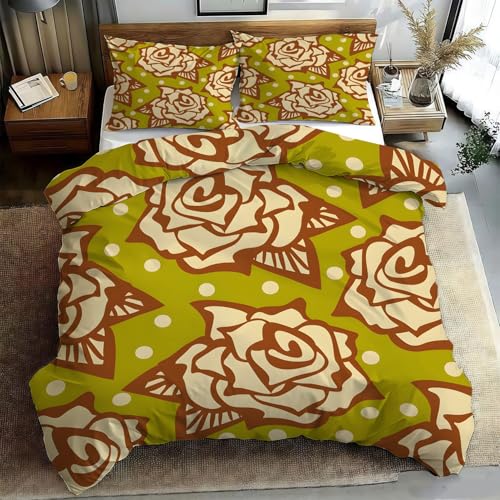 Generisch Bettwäsche 135x200 Rosen-Punkte Wende Motiv 3tlg, Schlafzimmer Deko, Gelb-Grün Bettbezug und 2 Kissenbezug 80x80, Weiche Mikrofaser Deckenbezug mit Reißverschluss GF1160